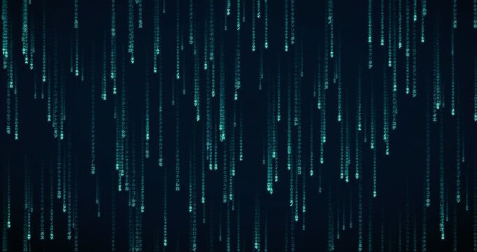 Japanese katakana characters cascade in a teal circuit animation, creating a deep mainframe atmosphere with layered parallax rain.