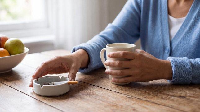 Woman's hands holding a mug while her other hand is near an ashtray with a lit cigarette, depicting a daily habit