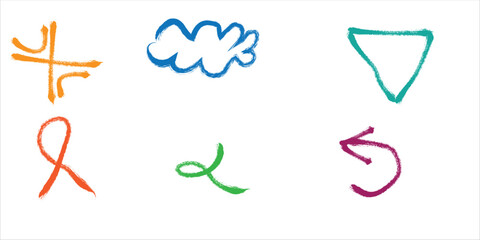 Obraz premium Colorful hand drawn brush doodles set, textured sketch arrows and abstract symbols concepts