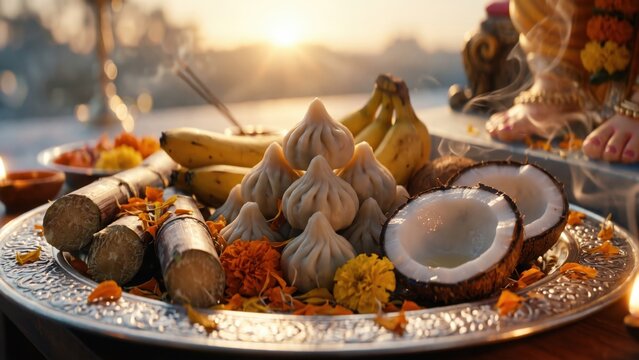 Ganesh Puja Offering with Modak and Fruits &ndash; Traditional Ganesha Festival Thali.