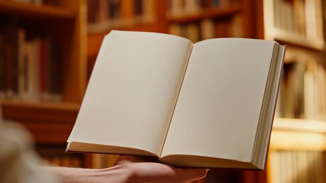 Open blank book held in hands in warm library with bookshelves in background