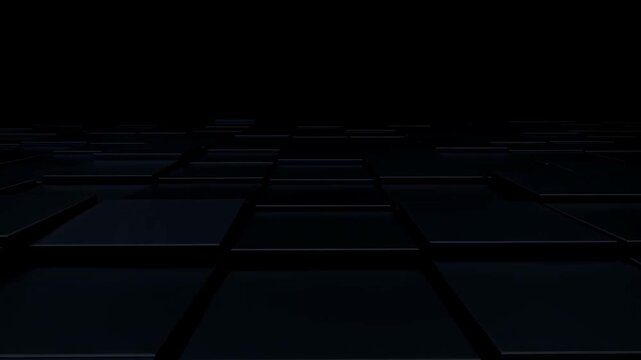 Dark illuminated geometric grid platform receding into black space