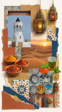 Aesthetic Tunisia moodboard featuring traditional architecture, blue and white buildings, ornate doors, Mediterranean landscapes, local crafts, ceramics, textiles, and North African cultural details.