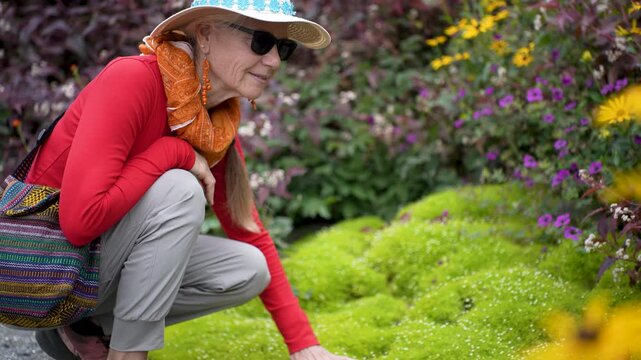 A woman visits the Mendocino Coastal Botanical Gardens in Fort Bragg, California and enjoys looking closely at the flora.