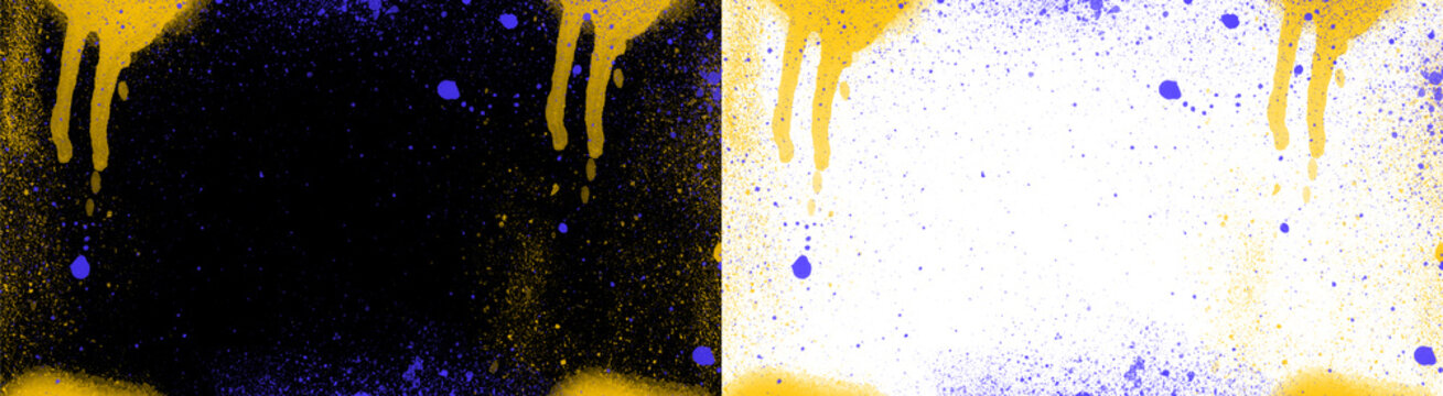 Abstract graffiti spray paint texture background with yellow paint drips and blue splashes on black and white isolated on transparent background