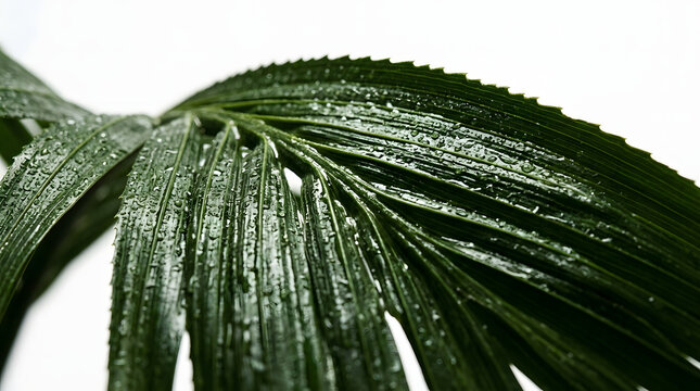 Close-up of fresh green palm leaf with sparkling water droplets on white background