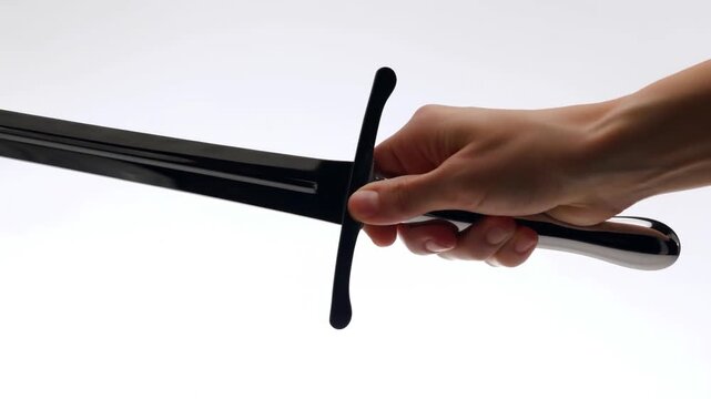 Hand gripping polished sword with blade and crossguard against white background