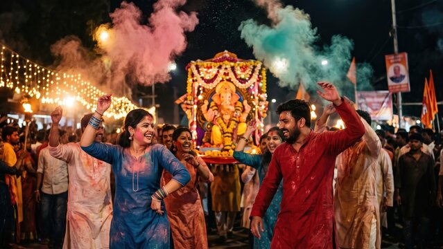 Ganesh Visarjan Night Procession with Gulal &ndash; Lantern Lit Festival Celebration.