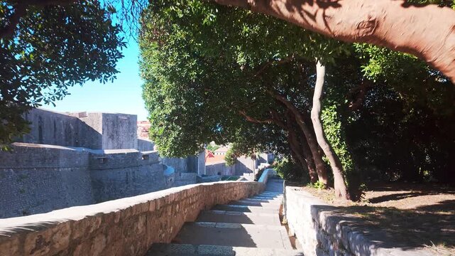 Tourist perspective walking down stone steps toward historic Dubrovnik, Croatia, passing ancient city walls and oleander bushes with scenic views of the Old Town.