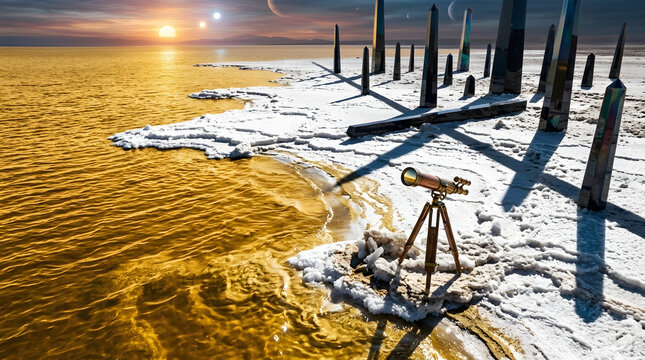 Surreal alien planet landscape with brass telescope under binary suns and multiple moons