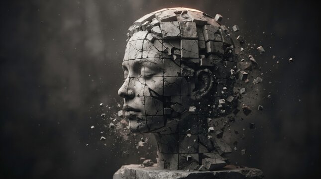 Fragmented Consciousness: A stone sculpture of a human head, with its features dissolving into a cascade of geometric fragments.