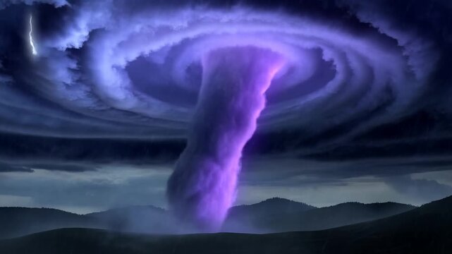 Purple tornado funnel cloud over rolling hills during heavy rain and lightning