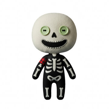 Cute handmade skeleton doll with button eyes wearing a black jumpsuit for halloween or a fun gothic toy theme