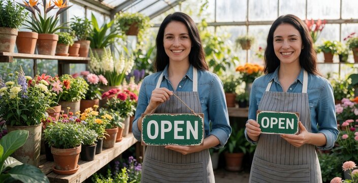 Joyful woman florist stands in flower shop with fresh plants. She smiles at camera holding open sign. Small business owner welcomes customers into floral retail space.