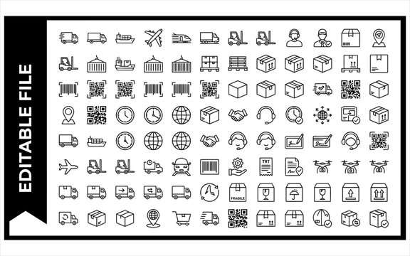 Transportation and logistics linear icon set including shipment tracking and shipping delivery business elements on transparent background.