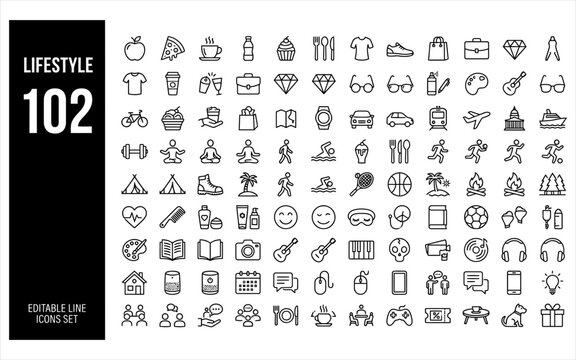 Lifestyle and daily routine linear icon set featuring recreation and hobby elements for modern digital communication and social applications.