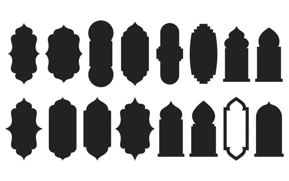 Islamic window frame collection with black silhouette architectural arches for ramadan and eid design decorations.