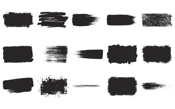 Hand painted black ink brush strokes and grunge texture rectangles for artistic frames and banner backgrounds.