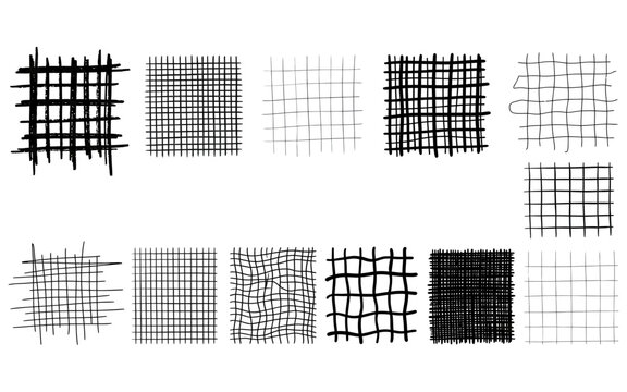 Hand drawn grid patterns set featuring varied sketched mesh textures for creative design and artistic background elements.