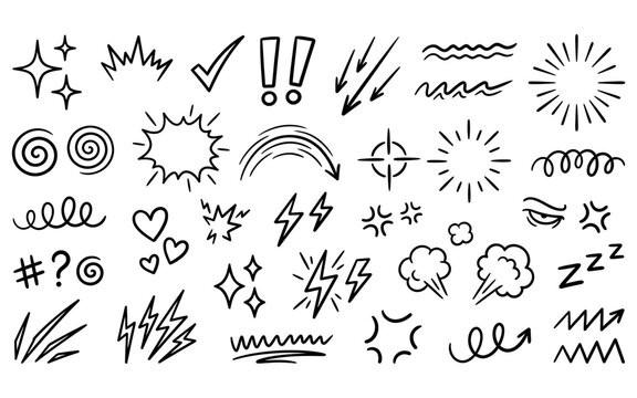 Hand drawn doodle elements set featuring diverse artistic accents for comic book and graphic design projects.