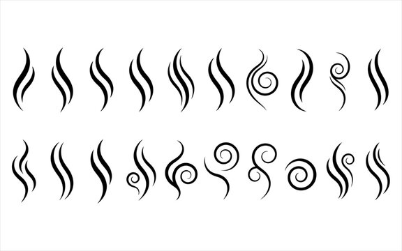 Collection of black smoke steam icons for hot food and beverage presentation.