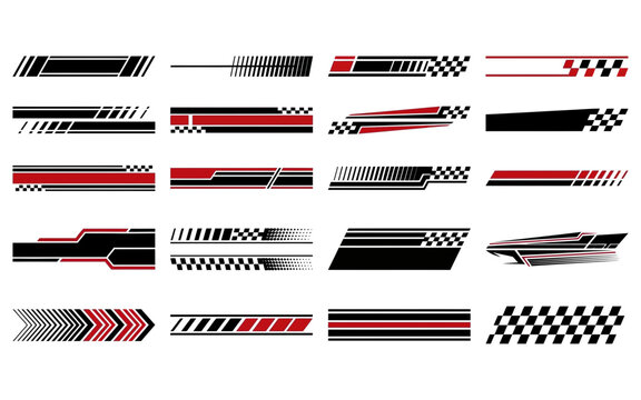 Racing car side body decals set with black and red checkered flag motifs for automotive custom vinyl graphics.