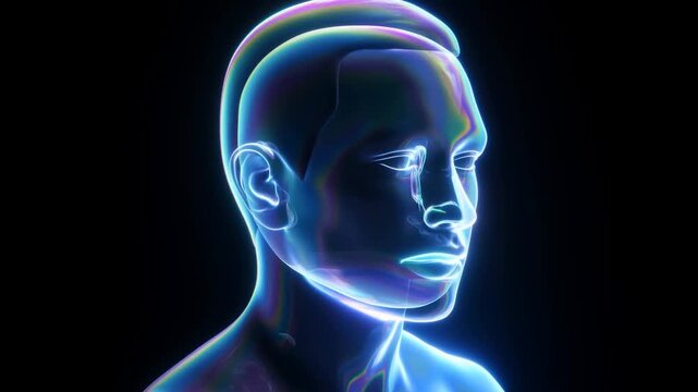 Glowing digital human face portrait centered against black background with blue neon light