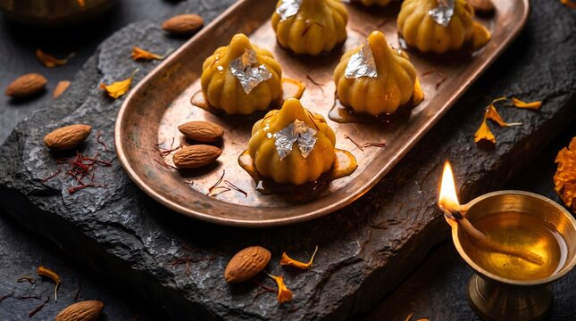 Saffron Modak Sweets with Burning Diya for Ganesh Chaturthi Festival