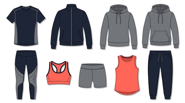 Sportswear and athletic apparel vector mockup collection featuring hoodie jacket leggings sports bra shorts sweatpants t-shirt isolated on white background