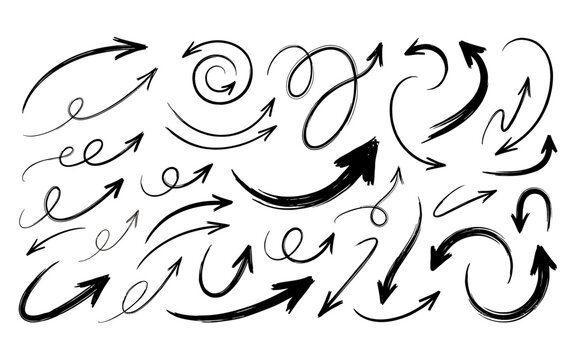 Dynamic brush stroke arrow set with thick black ink textures for expressive navigation and artistic design elements.