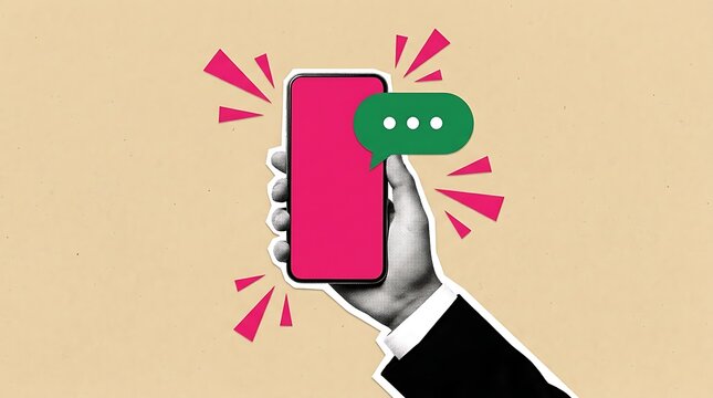 Hand holding smartphone with pink screen and green chat bubble, receiving message notification, digital communication concept with abstract elements, communication technology background.