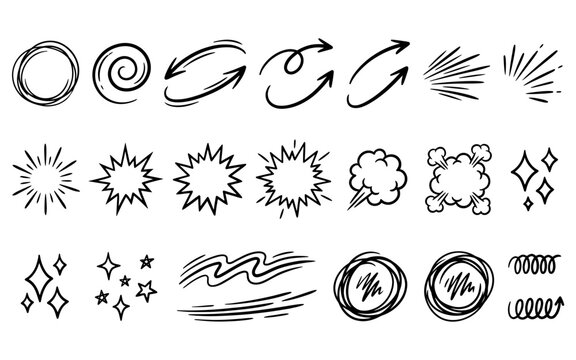 Collection of hand drawn motion and explosion graphic elements for comic art design.