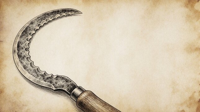 Curved serrated blade tool sketch on old parchment paper. This antique sickle is a farm implement for reaping or harvesting grain crops by hand.