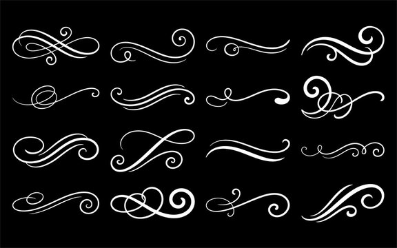 Collection of white calligraphic swashes and decorative swirl dividers for luxury branding and cards.