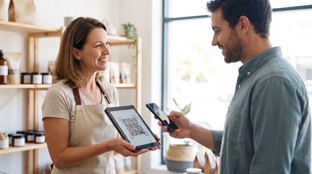 Female store owner accepting contactless payment via QR code on a tablet from a customer in a retail shop