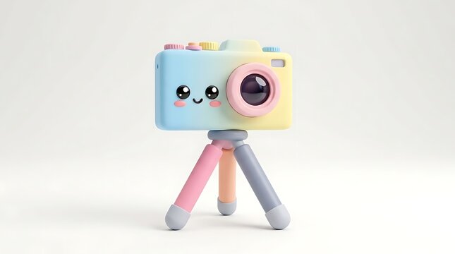 Cute cartoon camera with kawaii face on tripod, pastel blue, yellow, pink, and light blue colors, ideal for photography, kids, or design projects.