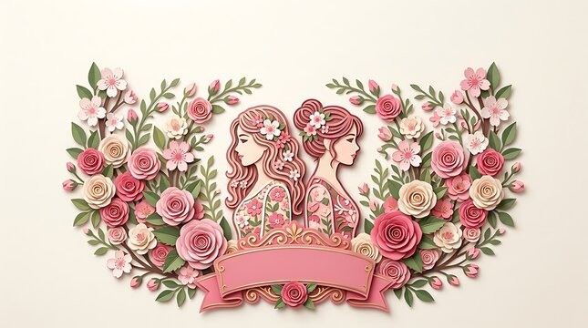 Paper Cut Art of Women Silhouettes with Floral Garland and Ribbon Banner for Breast Cancer Awareness