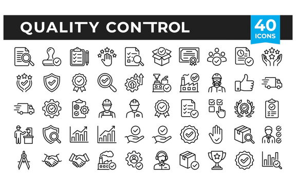 Quality control and assurance line icon set featuring business certification standards with inspection and management symbols.