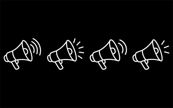 Megaphone line icon collection featuring broadcast symbols for marketing and public relations communication visual aids.