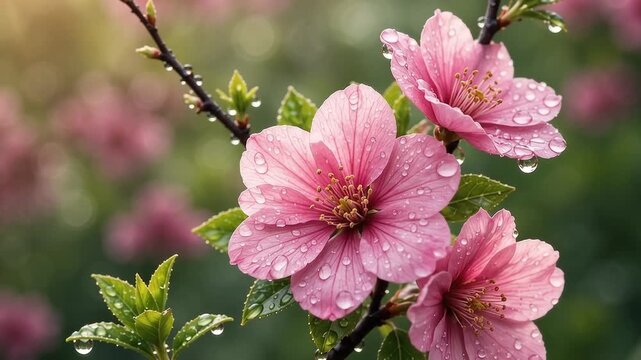 Pink Spring Blossoms with Fresh Dew Drops in Soft Morning Light
