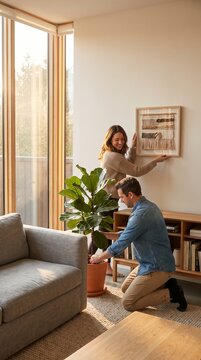 Happy couple decorating their living room by hanging wall art and arranging a potted plant