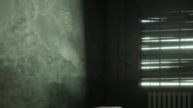 A dimly lit room shows light coming through wooden blinds. The walls are cracked and worn. The atmosphere feels empty and abandoned. A radiator sits quietly in the corner.