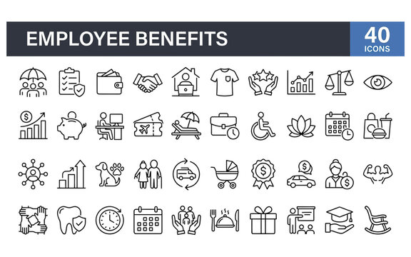 Employee benefits icons set featuring thin black line style for corporate human resources and workplace incentives.