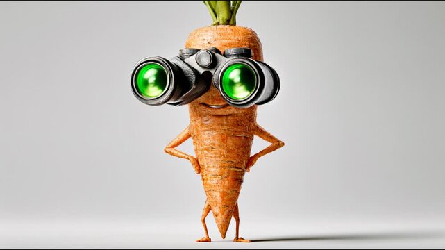 Seamless looped funny carrot character with big binoculars looking for opportunities and new discoveries. Healthy vision and searching for success concept in a humorous animated style