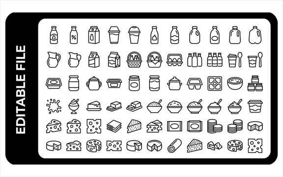 Milk and cheese dairy food icons set featuring containers pitchers and food products for catering industry.