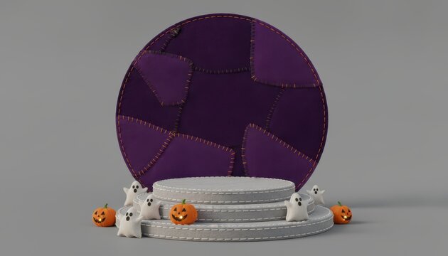 A round grey product display podium for halloween with cute fabric ghosts and small glowing orange pumpkins