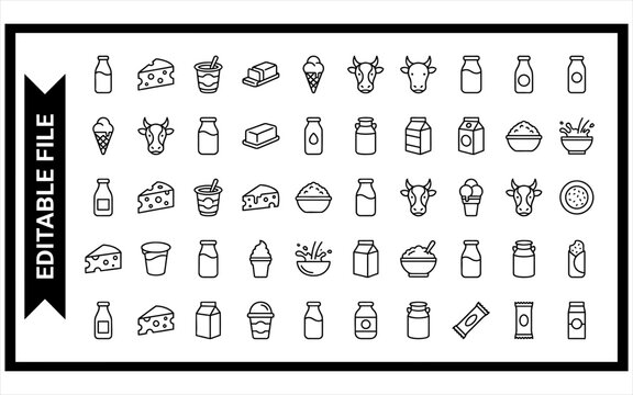Dairy and milk products thin line icons set featuring cows cheese ice cream and beverage containers for food retail.