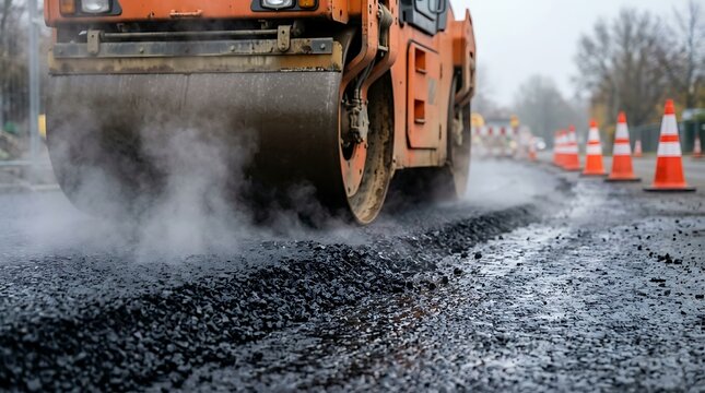 Road construction using heavy asphalt roller machine compacting hot tar surface on street with traffic cones and steam visible.