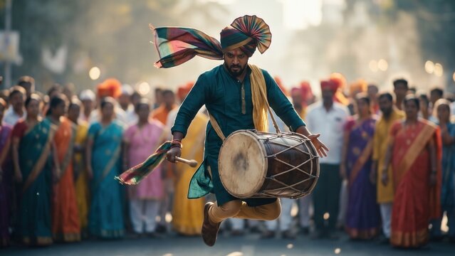Dhol Player Jumping During Ganesh Festival &ndash; Dynamic Ganpati Procession Performance.
