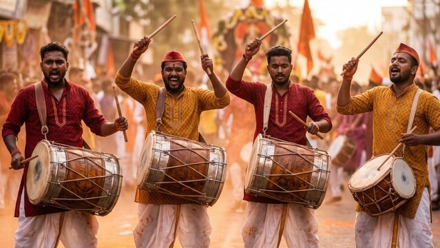 Dhol Tasha Drummers Performing Together &ndash; Rhythmic Ganesh Festival Celebration.